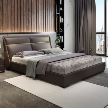 水星真皮床1.8米双人主卧大床高端现代简约皮床意式新款轻奢风极简床 1.5*2.0米(咖啡色)-高箱床 床+床垫+床头柜*2