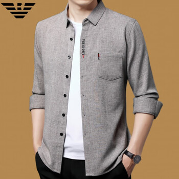 帝梵阿玛尼男装士春秋季棉麻长袖衬衫中年时尚休闲免烫麻衬衣上衣浅灰