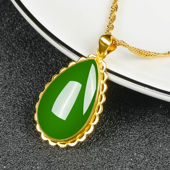 金甸福珠宝 黄金镶和田玉碧玉吊坠女水滴形玉坠挂件佳礼999足金金镶玉