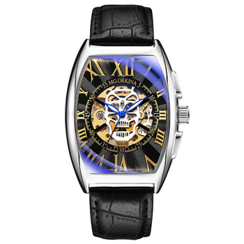 朴里男士手表时尚镂空全自动机械表骷髅头酒 银壳黑面黑皮【图片 价格