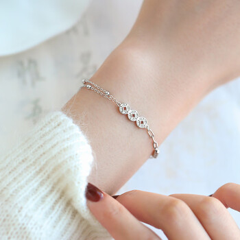 森诗妃铜钱手链女925银国风女士手串手圈520情人节礼物送女友老婆刻字