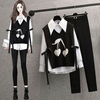 索宛亦（SUOWANYI） 大码女装2022秋季新款时尚套装百搭针织马甲衬衫修身显瘦打底裤 马甲+衬衫+裤子【三件套】 3XL 【建议160-180斤】