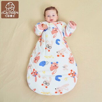 七彩博士婴儿一体睡袋秋冬季恒温棉可拆袖厚长短袖儿童防踢被子宝宝防着凉 萌兔粉-160G秋冬中厚款