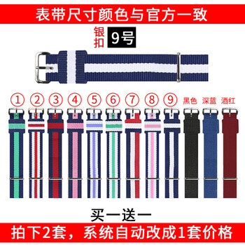 尼龙表带适用于ck 天梭 浪琴 卡西欧 水鬼 dw手表带配件男女帆布手表链 银扣9号 16mm