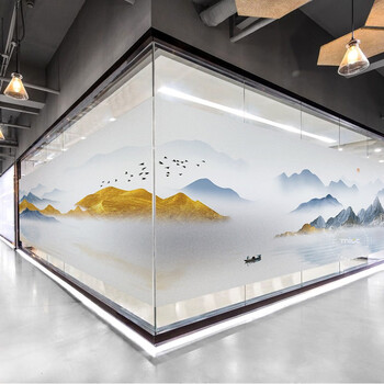 mioc美果果超大新中式山水画磨砂玻璃贴膜公司办公室禅意静电贴纸防窥