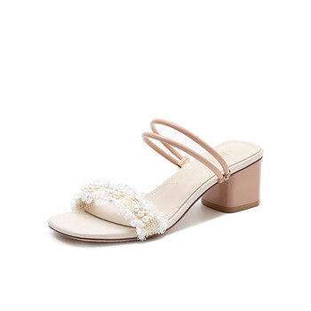 大东2023夏季新款甜美气质粗跟高跟两穿一字带凉鞋女鞋粉色34