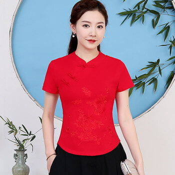中式唐装女上衣夏天穿的中国风民族风女装单件夏盘扣大码短袖绣花衣服