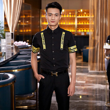 ktv服务员工作服西餐厅酒店员工餐饮吧台服务生服装短袖套装 男上衣