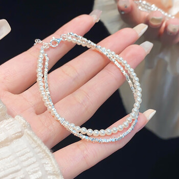 幂尔白昼集手链女款珍珠碎银设计感精致小众闺蜜串珠百搭 双层碎银