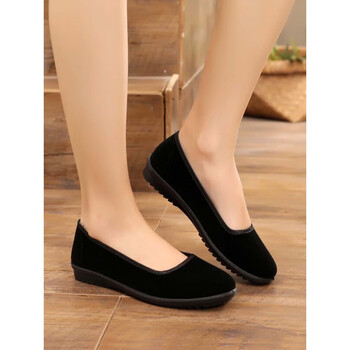 老北京布鞋女单鞋平底春秋软底防滑女款黑色工作鞋平绒浅口圆头妈妈鞋