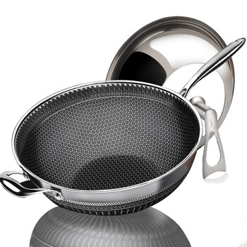 德国赫巴兹无涂层不粘锅304不锈钢炒锅炒菜锅具家用蒸锅无油烟平底锅