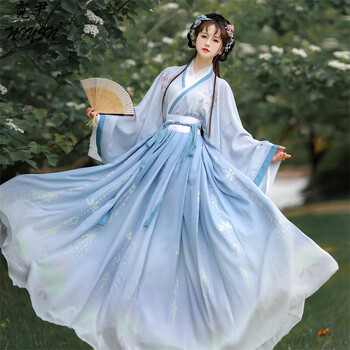 汉服女中国风新款2023晋制交领齐腰两片式襦裙仙气飘逸古风装 浅蓝色