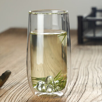 万园琦日式创意双层隔热绿茶杯家用办公室泡茶杯观山造型双层杯玻璃杯