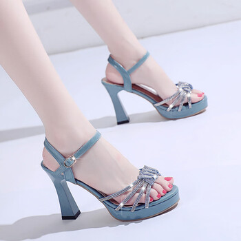 日本高跟鞋女凉鞋年夏防水台厚底时装女鞋粗跟气质大走秀鞋品牌蓝色34