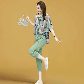 休闲运动套装女两件套套装裤子2022夏装新款夏季女装夏天气质绿色m