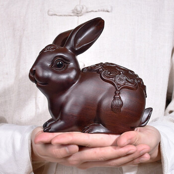初心如雪黑檀木实木雕刻兔子一对摆件动物木头兔整木家居客厅礼品工艺