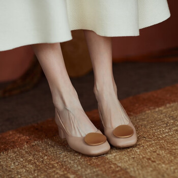 mospoke方头圆扣单鞋女2021年春夏新款复古软底时尚浅口中粗跟奶奶鞋