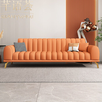 红款客厅接待设计师拉线意式轻奢三人橙色沙发科技布橙色单人位105cm