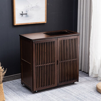 茶水柜新中式实木餐边柜子家用客厅烧水壶一体胡桃木带轮茶边柜 双门