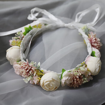 新娘头饰花环粉色花朵发箍森系超仙花环头饰白纱新娘花环藤条超仙绢纱