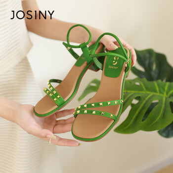 卓诗尼凉鞋女时尚百搭粗跟高跟鞋圆头舒适一字带厚底套脚凉鞋绿色36