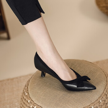 ck高跟鞋女黑色职业新款蝴蝶结优雅中跟5cm尖头浅口细跟单鞋夏 黑色