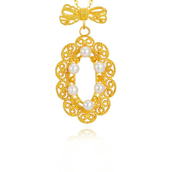 季福缘古法花丝手工金吊坠足金999洛可可蝴蝶结挂坠黄金镶珍珠坠子送