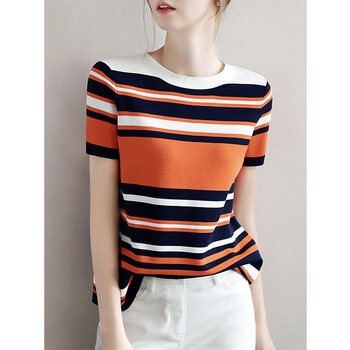 2022夏季新款短袖针织衫女彩色条纹短袖年轻女性妈mm妈半袖上衣t恤