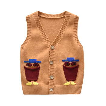 春秋无袖马夹中小童装针织背心狗仔图案男童毛衣 卡其 卡其,两只口袋