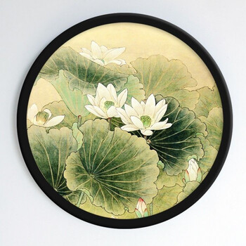 画圆形禅意荷花中国风茶室佛经字画玄关壁挂画03版荷花直径44cm白框