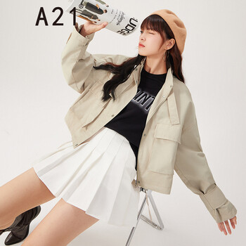 A21秋冬季2021女装新款宽松立领长袖短装开胸夹层夹克外套 杏色 S