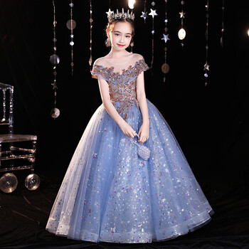 洋气拖尾公主裙走秀蓬蓬裙儿童新年晚会主持人钢蓝色长款礼服裙150cm