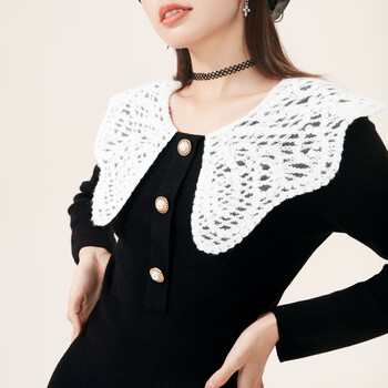 A21女装翻领长袖伞形短连衣裙 黑色 M