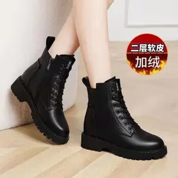 熊迪明新款韩版马丁靴皮鞋女士中跟平底短靴秋冬季加绒女靴保暖棉鞋 黑 加绒【冬款】 37