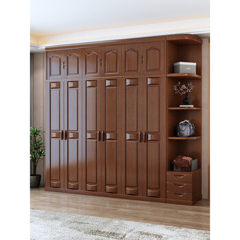 家用卧室简约现代原木储物柜子开门中式木质整体大衣橱 七门衣柜 顶柜