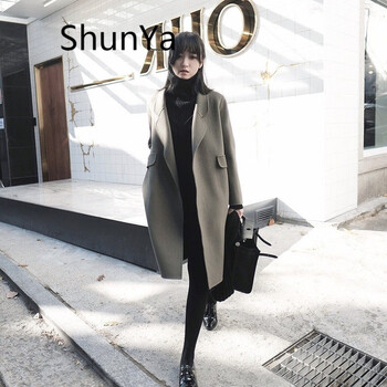 shunya轻奢潮牌双面羊绒大衣女2023秋冬新款中长款宽松显瘦羊毛毛呢外套 灰绿色(高端不起球面料） XL（145-160）斤