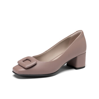 爱步ecco单鞋女粗跟方头皮鞋通勤鞋春夏型塑方头290673墨色