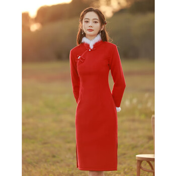 外套冬季小个子少女圣诞过旗袍敬酒服拜年服红色大衣外套红色旗袍m