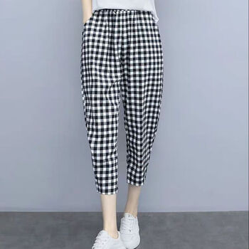 禾甫热天裤子女七分裤胖mm休闲遮胯黑白格子裤女夏季薄款裤子凉快女裤