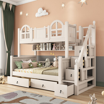 台阶床 全实木上下床双层床高低床公主床多功能上下铺床滑梯床 滑梯床