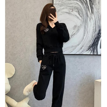 BVX休闲运动套装女神范时尚爱心V领卫衣秋冬季女装减龄洋气两件套 黑色 L