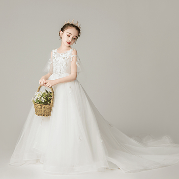 前短后长礼服 儿童花童婚纱晚礼服拖尾女童公主裙蓬蓬生日钢琴走秀