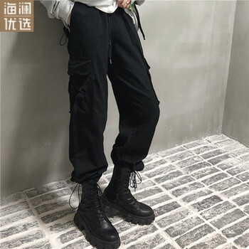 靴的束脚裤男九分裤美式vibe飘带工装裤国潮联名抽绳飘带工装裤黑色m