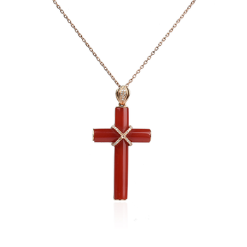 珍珊琥天然珊瑚十字架吊坠经典时尚18k玫瑰金搭配钻石女款珠宝红色