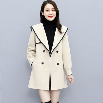 饰壹尚毛呢大衣女中长款2022秋装新款女装秋冬加厚呢子大衣上衣米白色