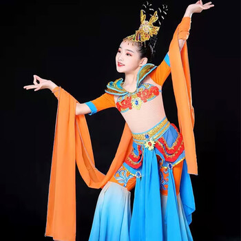 敦煌飞天服装舞蹈演出服童女少嫦娥奔月服装古典舞反弹琵琶表演服 桔