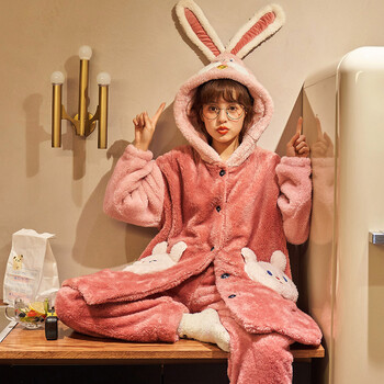 辰小主睡衣女秋冬季珊瑚绒加厚加绒中长款睡袍可爱卡通兔子家居服套装