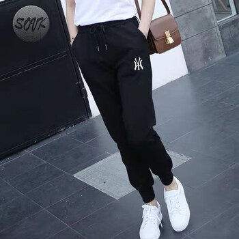 SOVK纯棉运动裤女2023春秋新款韩版百搭宽松显瘦高腰束脚休闲裤女 黑色春秋款NY M_建议80-105斤