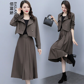 佰蓝娇两件套套装裙子2023秋季女装新款洋气质显瘦长袖西装连衣裙女 咖色 M