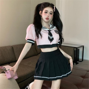 欧肯达韩高学院风制服女生活泼减龄套装裙水手服jk短袖甜美粉色两件套